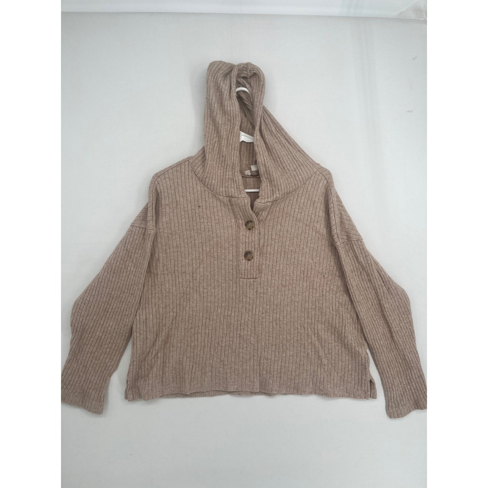 Loft Outlet Womens Large Ribbed Knit Henley Hoodie Tan Long Sleeve Sweater L